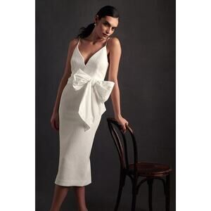 New Rebecca Vallance Genevieve Bow V-Neck Sheath Midi Dress $630 SIZE 8 White